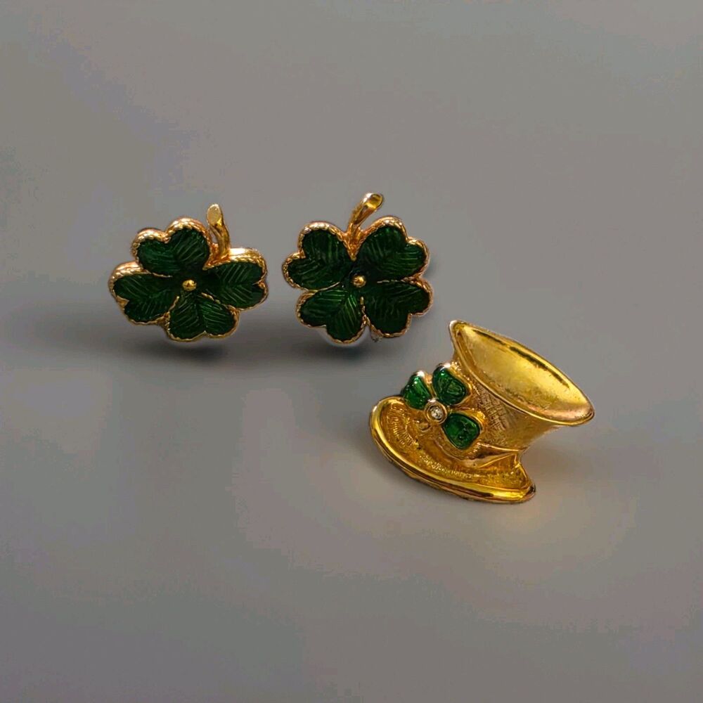 Vintage Avon St Patrick's Day Shamrock Clover Earrings Pin Brooch Set Gold Tone